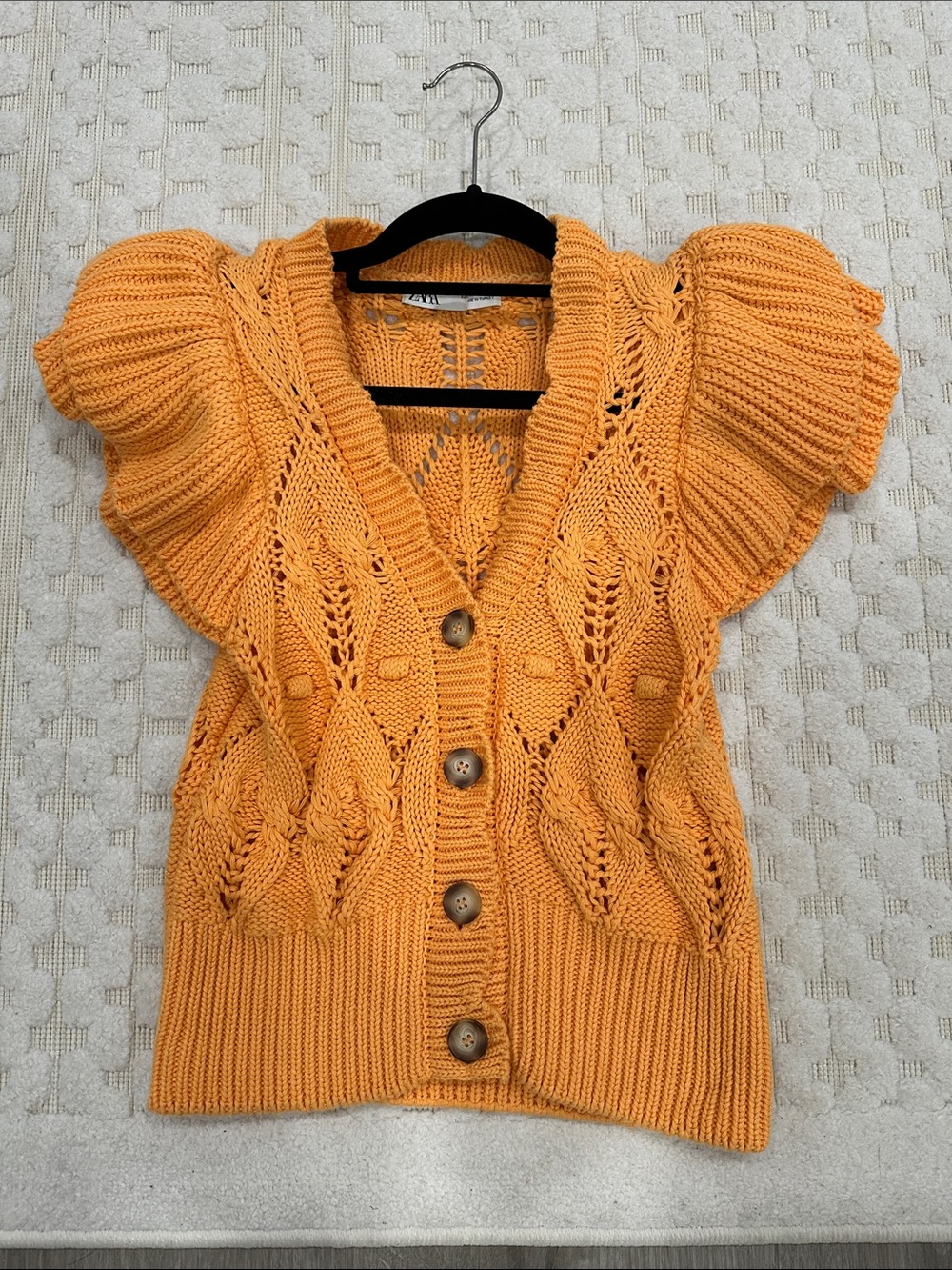 Worn 1x - Ruffle Sleeve Knit Cardigan - Orange